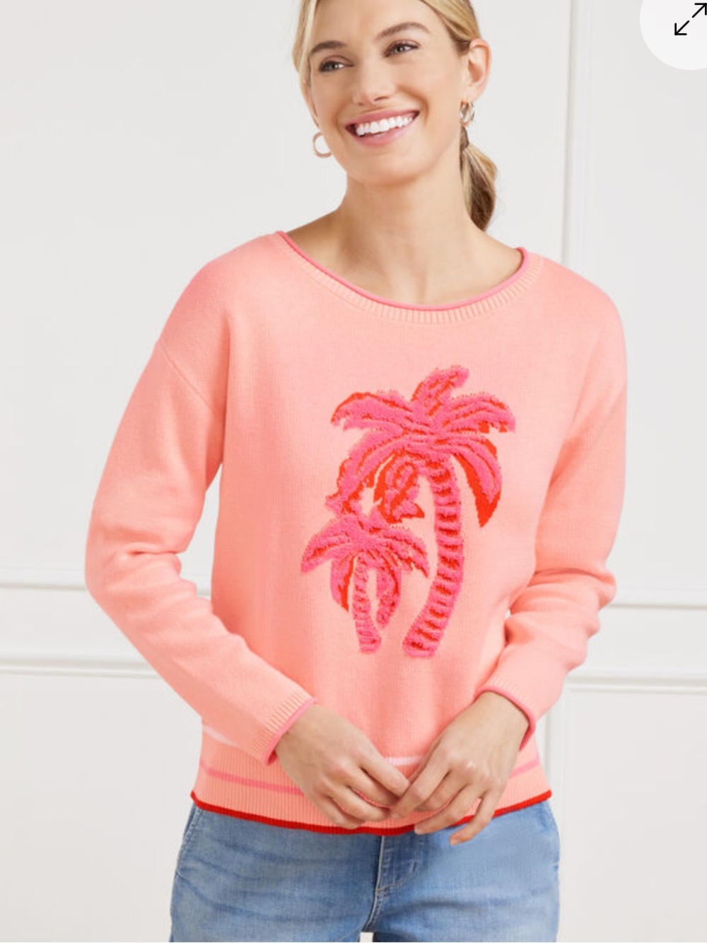 Talbots Plus Jacquard Palm Tree Camellia Rose Crewneck Pullover Sweater 1X
